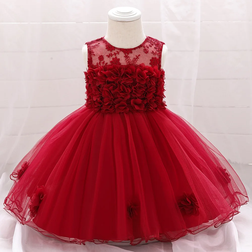 

New Children's One-year-old Dress Baby Sleeveless Mesh Lace Bow Princess Dress for Girls Birthday Party Pageant Evening Gowns