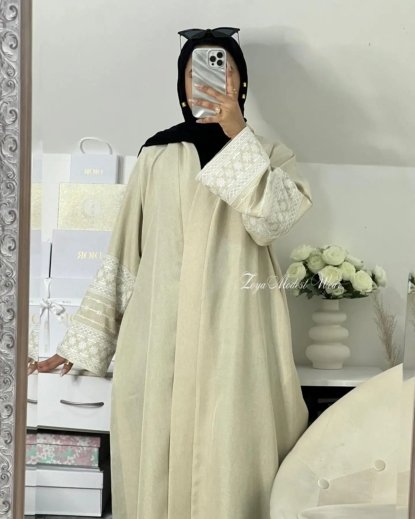 

Embroidery Linen Open Abaya Kimono Luxury Dubai Turkey Abayas for Muslim Women Dress Ramadan Eid Islamic Modest Wear Kaftan Robe