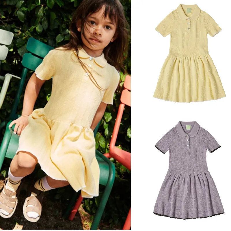 

2024FUB Dress Girls Summer Solid Color Short-sleeved Knit Short-sleeved Dress