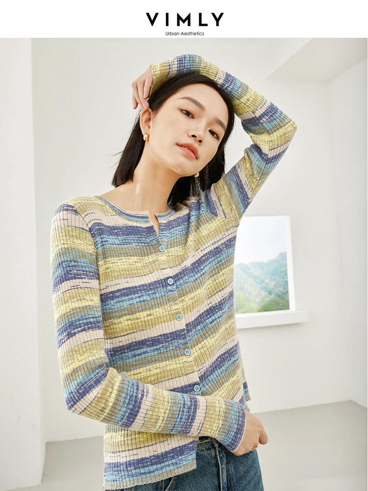 Vimly O-neck Rainbow Striped Knitted Cardigan Women 2023 Autumn Wool Blend Knitwear Sweater Coat Women's Long Sleeve Top 16138
Vimly O-neck Rainbow Striped Knitted Cardigan Women 2023 Autumn Wool Blend Knitwear Sweater Coat Women's Long Sleeve Top 16138