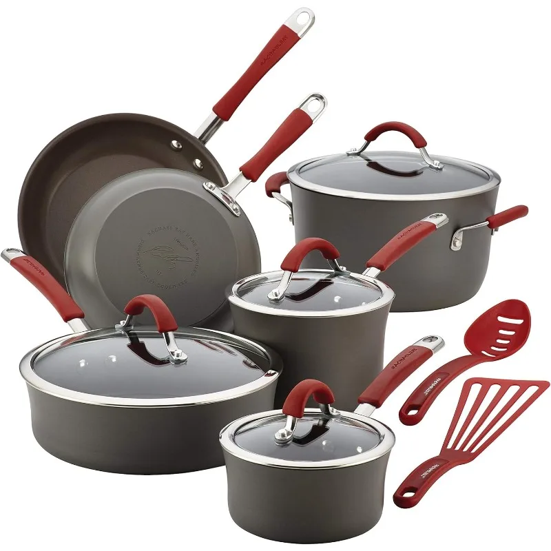 

Rachael Ray - 87630 Rachael Ray Cucina Hard Anodized Nonstick Cookware Pots and Pans Set 12 Piece Gray with Red Handles