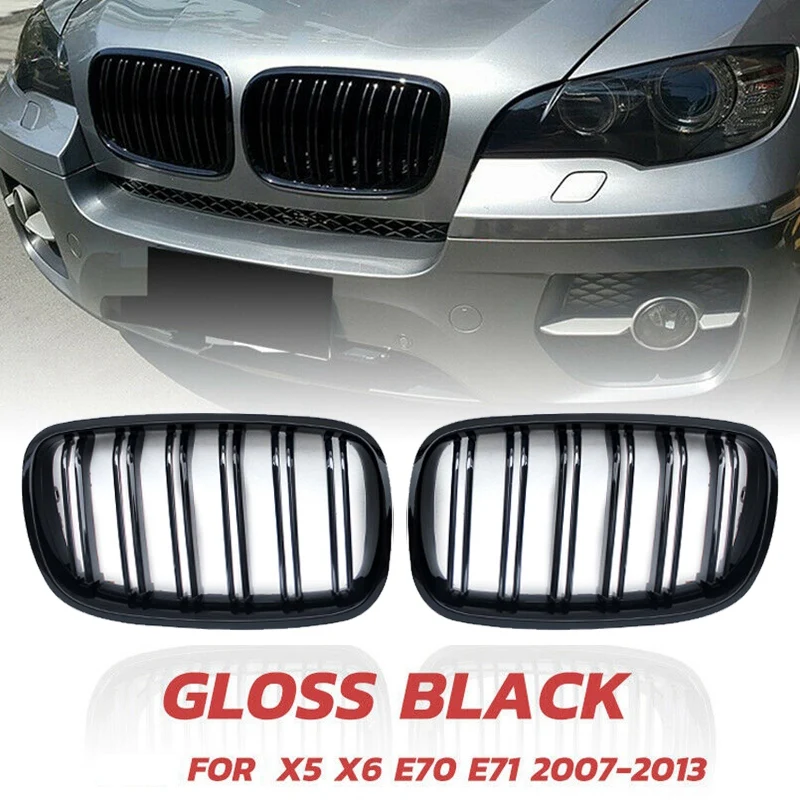 

Glossy Black Front Bumper Kidney Grille Double Slat Front Mesh Grill For-BMW X5 X6 E70 E71 2007-2013