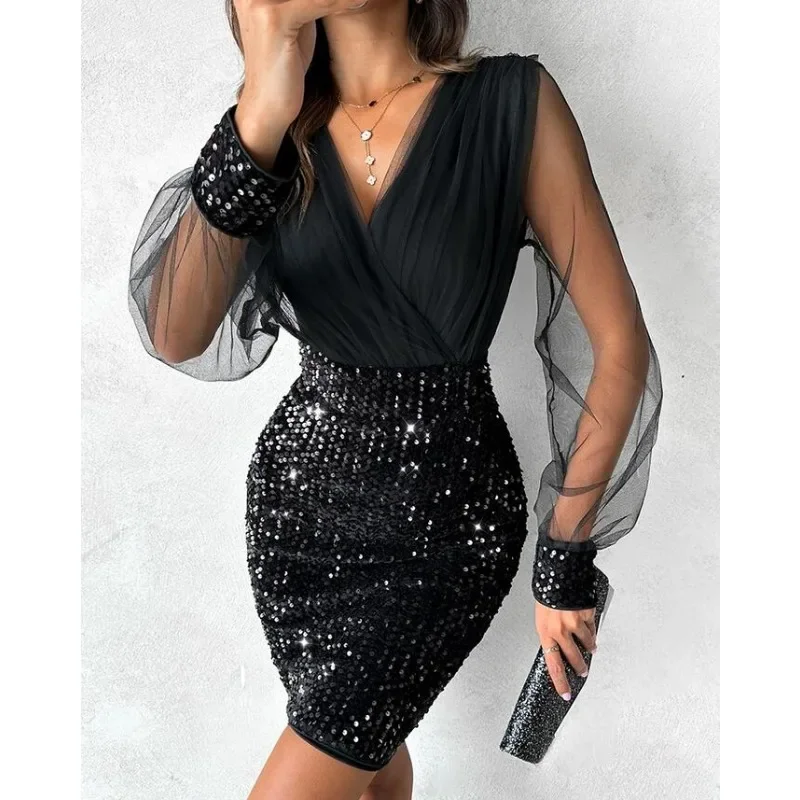 

Женское облегающее прозрачное Сетчатое платье составного кроя с блестками Y2K, черное Сетчатое платье-футляр с V-образным вырезом и длинным рукавом, сексуальные женские платья
