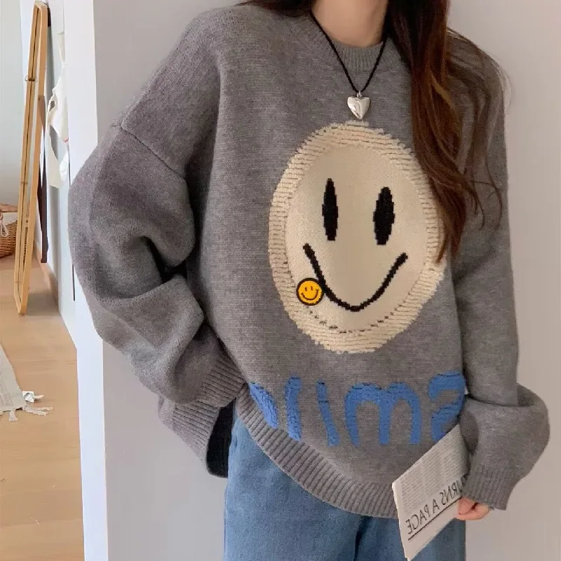 

Hsa y2k Tops autumn and winter women letter smiley pullover sweater for women Korean style lazy style loose thickened knit tops