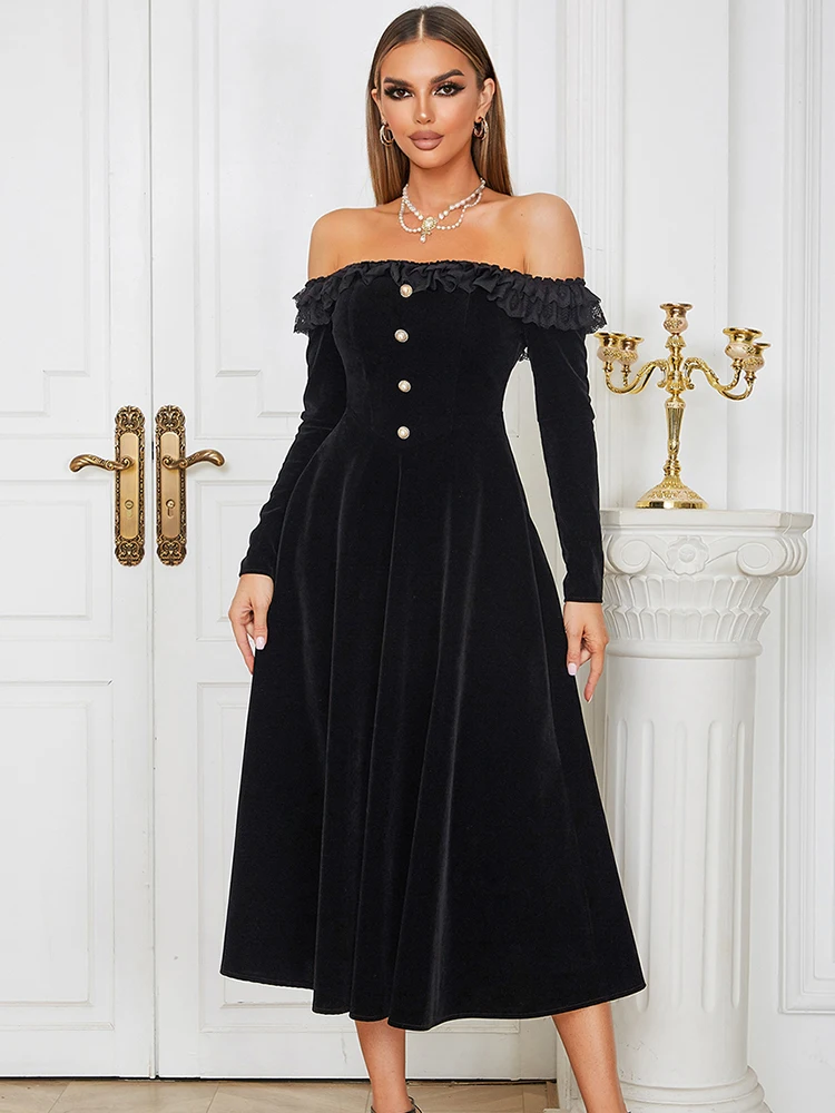 Casual Fashion Long Sleeve Black Women Maxi Dresses Sexy Off Shoulder Buttons Ruffles A Line Elegant Dress Club Party Long Dress
Casual Fashion Long Sleeve Black Women Maxi Dresses Sexy Off Shoulder Buttons Ruffles A Line Elegant Dress Club Party Long Dress