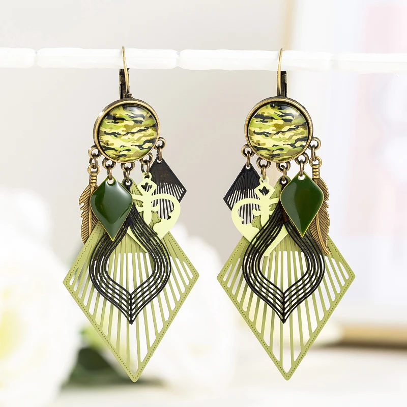 

Bohemia Style Camouflage Cabochon Geometry Drop Earrings for Women Ancient bronze plated Army Green Earrings Fashion Jewelry