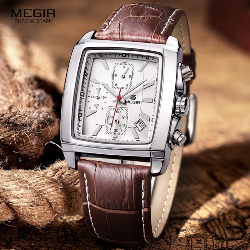 

Megir 2028 Reloj Hombre Business Men Chronograph Wristwatch Casual Military Watches Rectangle Quartz Leather Male Sport Watch