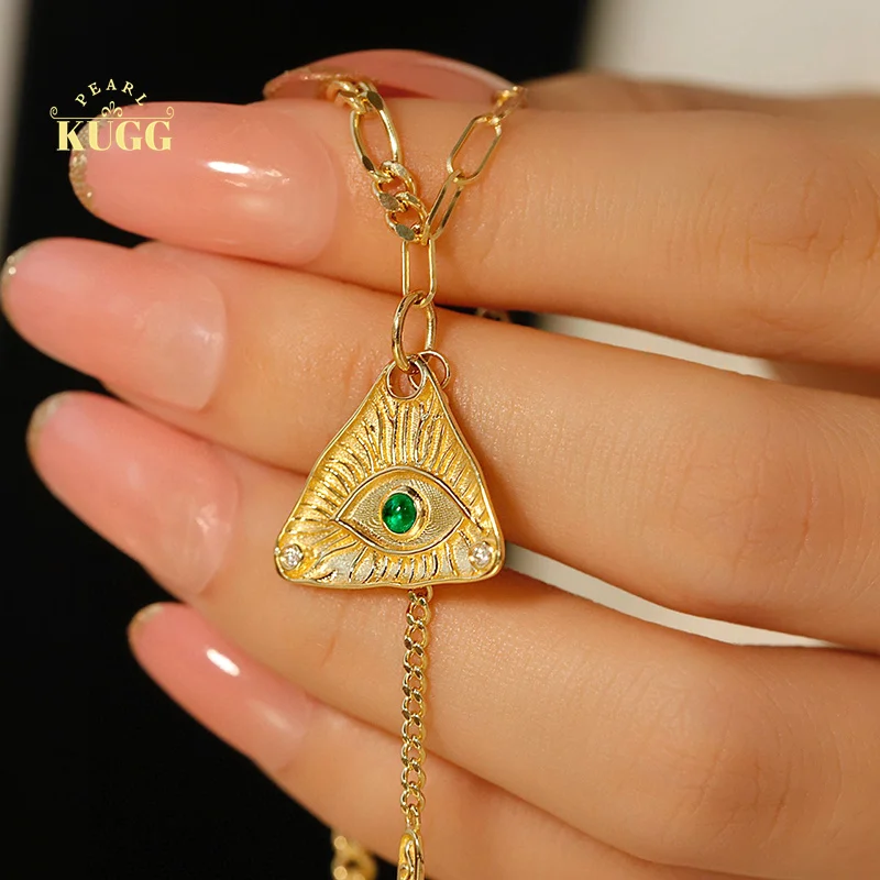 

KUGG 18K Yellow Gold Necklace Luck Trenday "evil eyes" Shape Real Diamond Natural Emerald Necklace for Women High Party Jewelry