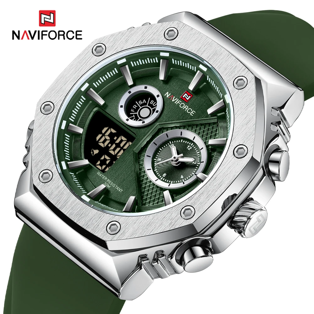 

NAVIFORCE Brand Army Green Quartz Mens Watches Sport Style Double Display Wrist Watch for Men Waterproof Military Luminous Watch