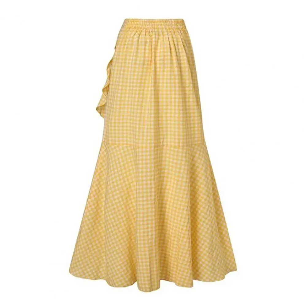 

Bow Tie Skirt Elegant Lace-up Ruffle Trim Maxi Skirt with Plaid Print Bow Tie Detail High Waist Irregular Hem Skirt for Women