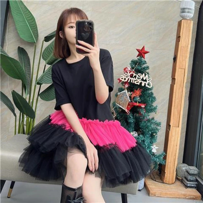 

Original Design New Summer All-match Loose Short Sleeve T-shirt Dress Age Reduction Mesh Splicing Ruffles Pullover Top Mid-long