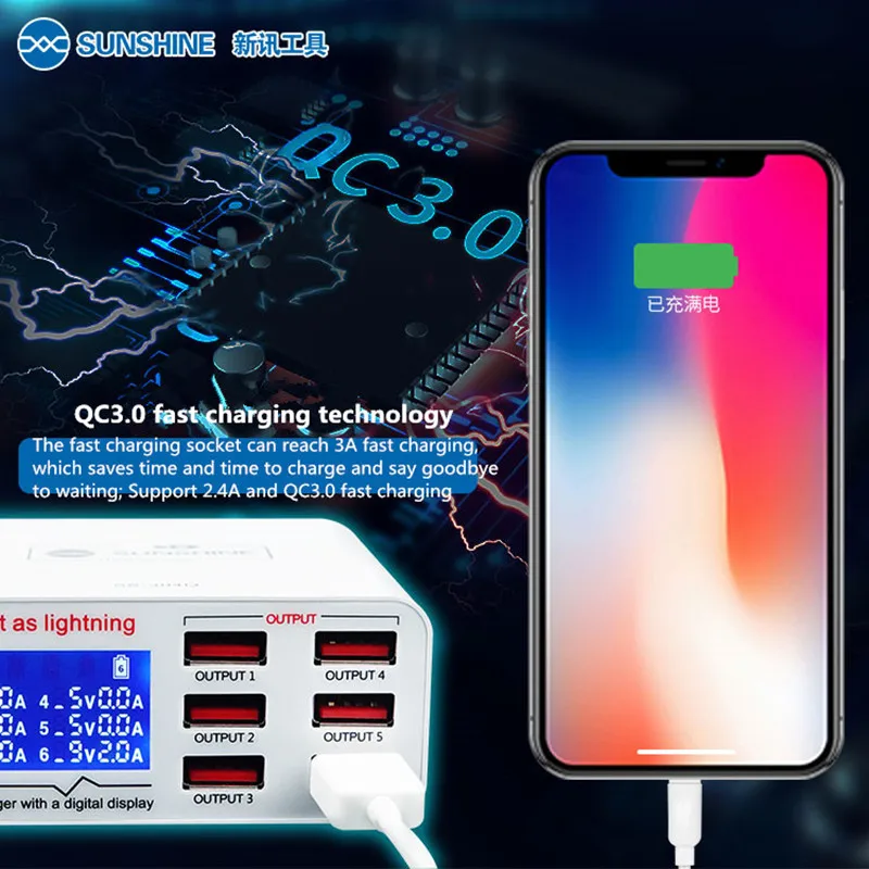 SUNSHINE SS-304Q 6 Port Intelligent USB Fast Charger with LCD Digital Display 2.4A QC3.0 Phone/Pad Quick Charging Tool
SUNSHINE SS-304Q 6 Port Intelligent USB Fast Charger with LCD Digital Display 2.4A QC3.0 Phone/Pad Quick Charging Tool
