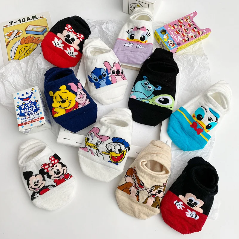 

10 Pairs/Pack Women Cartoon Socks Cotton Cute Boat Socks Disney Princess Kawaii Pattern Mickey Mouse Minnie Winnie the Pooh Sock