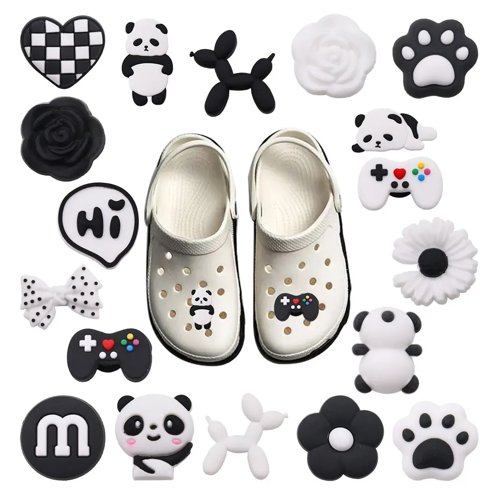 

Good Quality 1-18pcs Shoe Charms Black Dog Panda White Daisy Accessories PVC Shoe Decoration DIY For Croc Jibz Fit Wristbands
