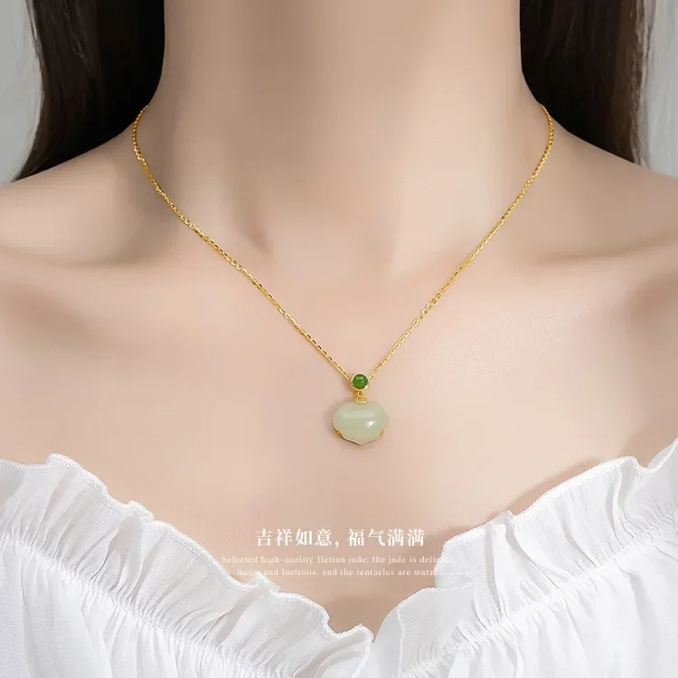 

Tichia real shot natural Hetian jade jasper ruyi lock pendant necklace female S925 sterling silver national style clavicle chain