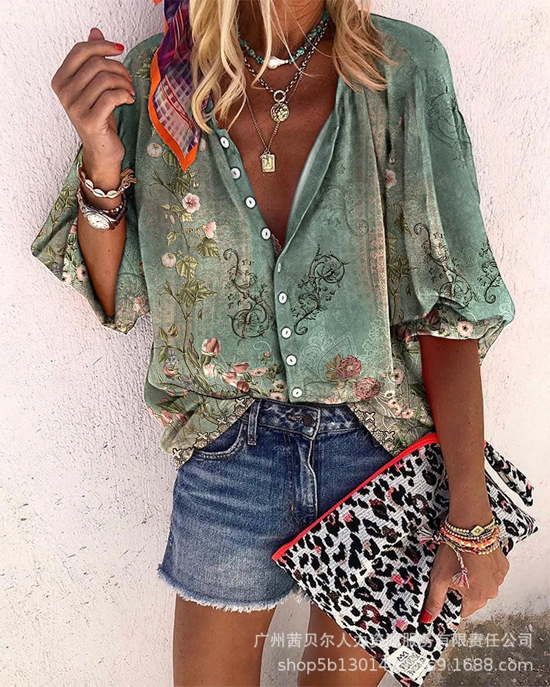 

Floral Tribal Print Buttoned Lantern Sleeve Top Women Fashion Casual Summer Spring Shirt Blouse Tops Single Breasted Shirts