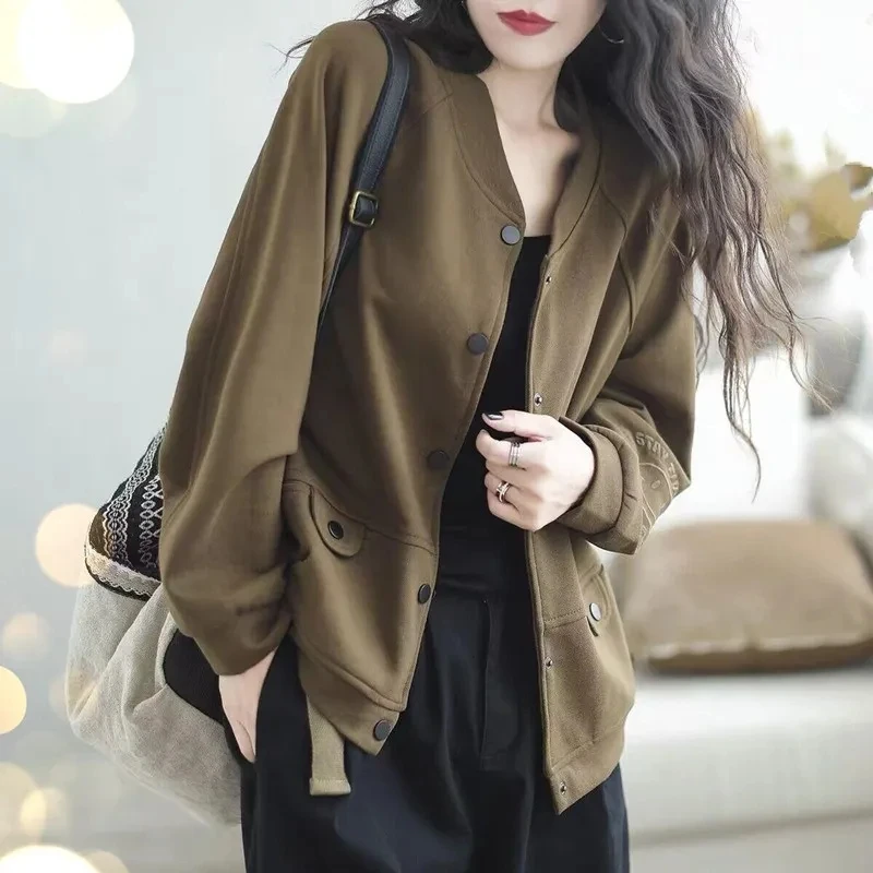 

Short Jacket Women Spring Autumn Outer Cardigan Round Neck Jacket Tops Large Size Cotton Casual Outerwear Soft Button Pocket