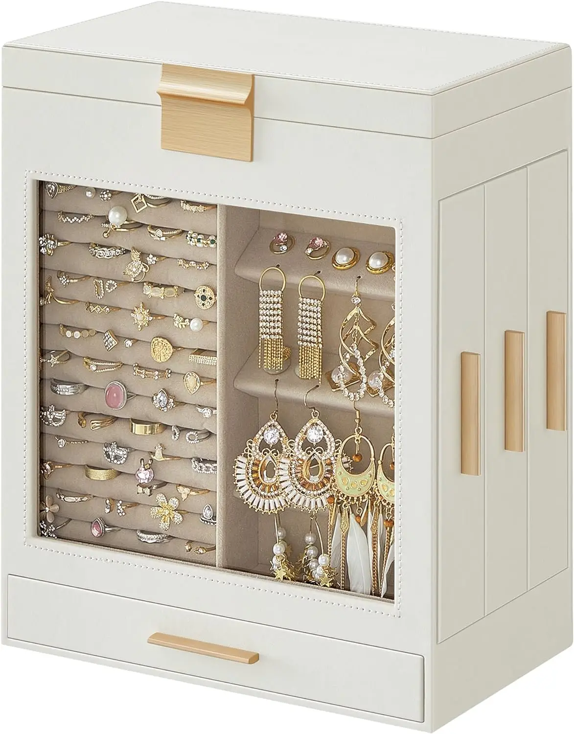 Jewelry Box with Glass Window, 5-Layer Jewelry Organizer with 3 Side Drawers, Jewelry Storage, with Big Mirror, Modern
Jewelry Box with Glass Window, 5-Layer Jewelry Organizer with 3 Side Drawers, Jewelry Storage, with Big Mirror, Modern