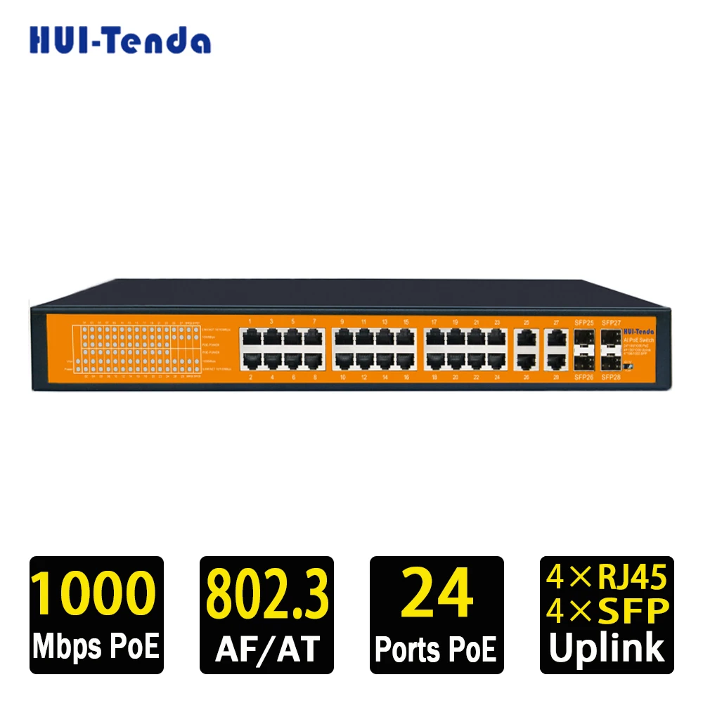 

HUI-Tenda 24*10/100/1000Mbps Full Gigabit POE Switch 4*1Gbps Uplink Port+4*SFP port Network RJ45 Switch for IP camera/NVR