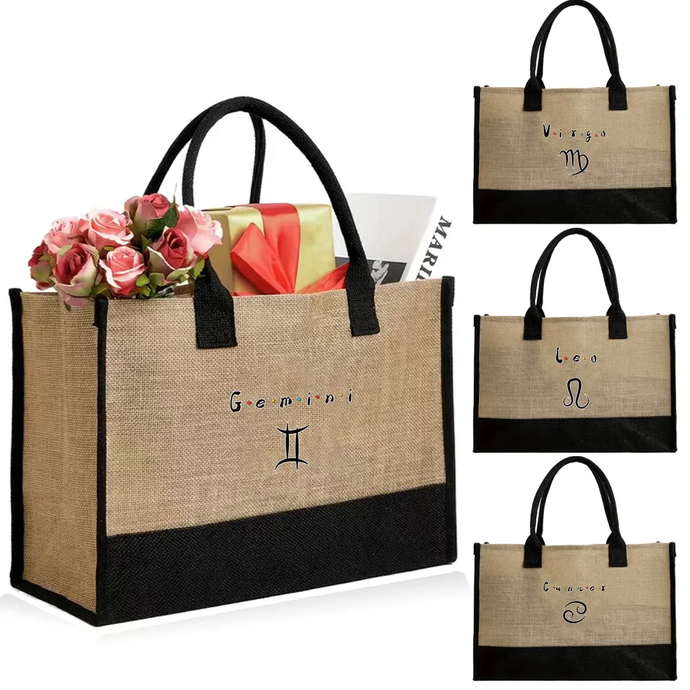 

Shopping Handbags Yellow Jute Fabric Shopper Bags Women Eco Reusable Clutter Storage Bag 2024 Original Constellation Printing