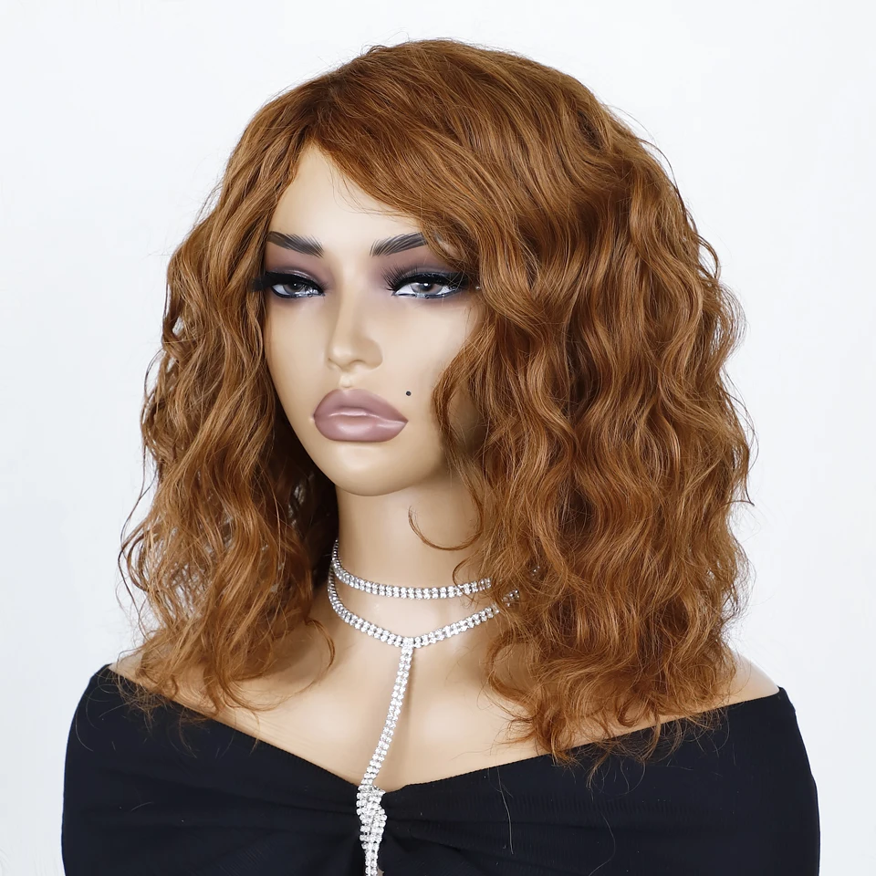 

Big Fluffy Brown Mixed Blonde Glueless Bob Curly Wig With Fringe Bangs Honey Curly Bob Wigs Human Hair Side Part Pre Plucked