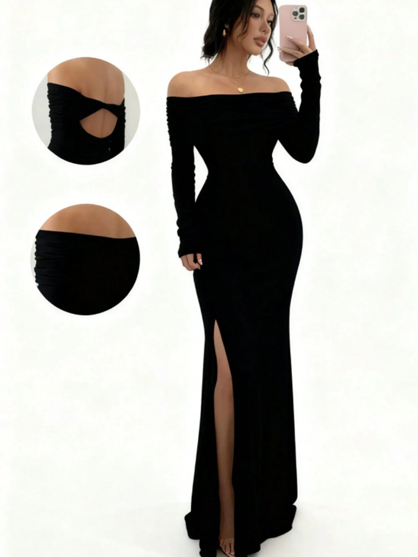 فستان نسائي ضيق مكشوف الكتفين - فستان بأشرطة ذات فتحة عالية وأكمام طويلة، متوسط الطول أنيق فستان نسائي ضيق مكشوف الكتفين - فستان بأشرطة ذات فتحة عالية وأكمام طويلة، متوسط الطول أنيق