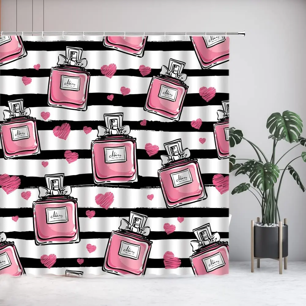 Pink Perfume Bottle Shower Curtain Fashion Girl Retro Black and White Striped Background Modern Bathroom Decor Polyester Hook
Pink Perfume Bottle Shower Curtain Fashion Girl Retro Black and White Striped Background Modern Bathroom Decor Polyester Hook