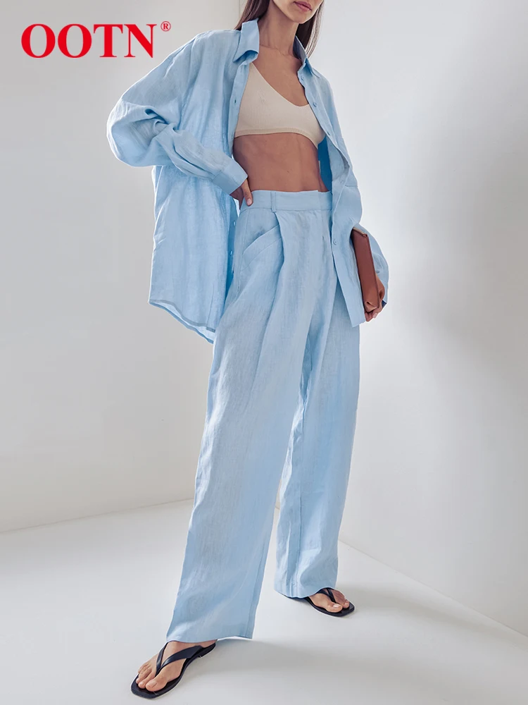 

OOTN модные синие льняные брюки, комплекты из 2 предметов, женские летние свободные блузки с длинным рукавом, повседневные плиссированные широкие брюки, костюмы для отпуска