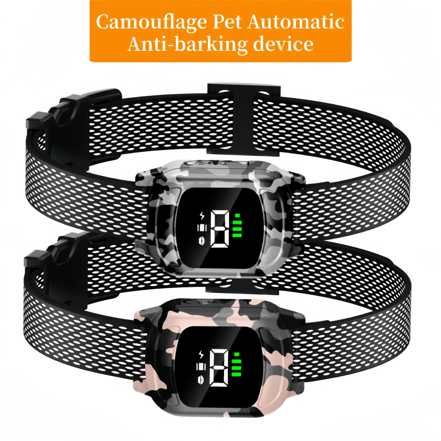 Bark Collar for Dog | Camouflage Automatic Anti Barking Dog Collar Two camouflage automatic bark collars for dogs in grey and tan patterns featuring a digital LED display and a durable mesh adjustable strap.