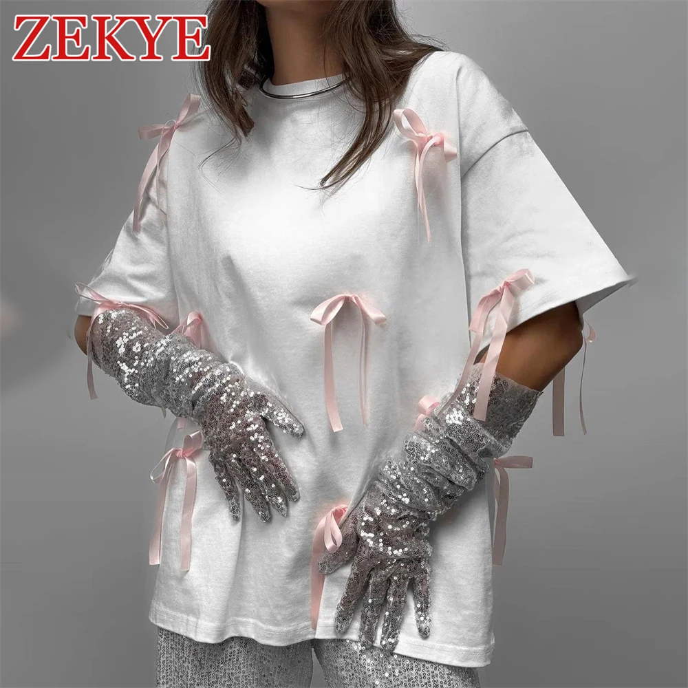 

Zekye Bow Appliques Summer Loose Sweet T Shirt For Women White Kawaii Clothes Short Sleeves Top Casual Contrast Fashion Oversize