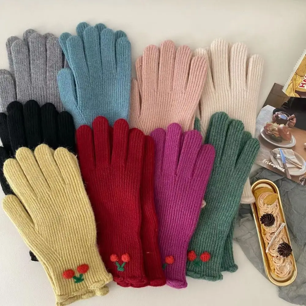 

Вязаные перчатки с пальцами, милые толстые однотонные теплые рукавицы, эластичные зимние теплые варежки для сенсорного экрана
