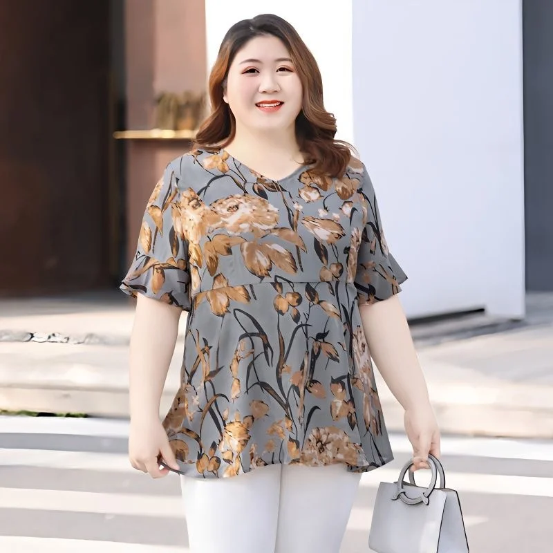 Блузка женская оверсайз с цветами, элегантная повседневная рубашка свободного кроя для матерей среднего возраста, скрывающая живот, 6XL, на лето 
Блузка женская оверсайз с цветами, элегантная повседневная рубашка свободного кроя для матерей среднего возраста, скрывающая живот, 6XL, на лето