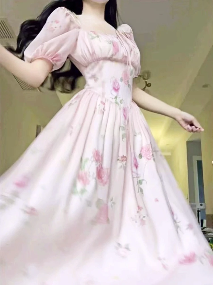 2023 Summer Pink Short Sleeve Floral Midi Dress Woman French Elegant Even Party Dress Beach Casual Korean Fashion Dress Casual 
2023 Summer Pink Short Sleeve Floral Midi Dress Woman French Elegant Even Party Dress Beach Casual Korean Fashion Dress Casual