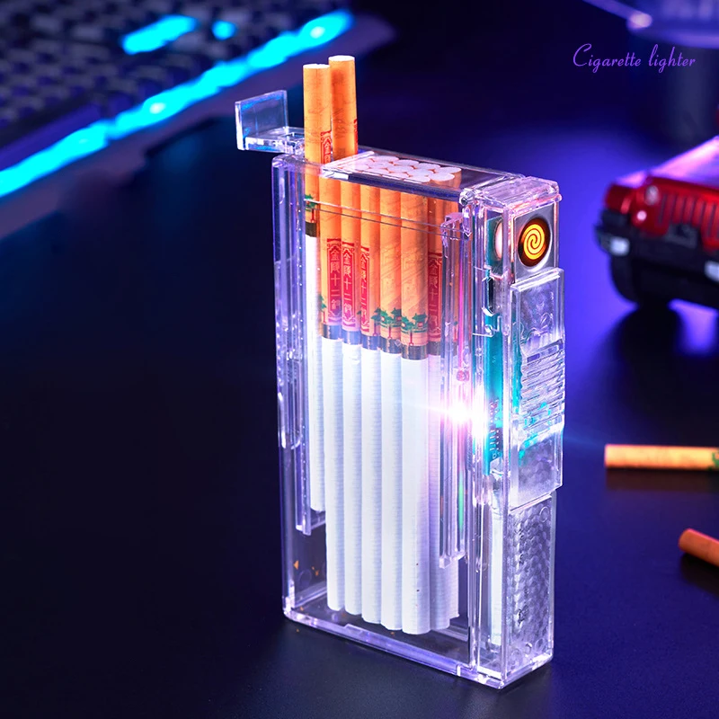 

2022 NEW Transparent Cigarette Box 20PCS Automatic Spring Fine smoke Lighters USB Tungsten Wire Lighter Gift Cigarette Lighte