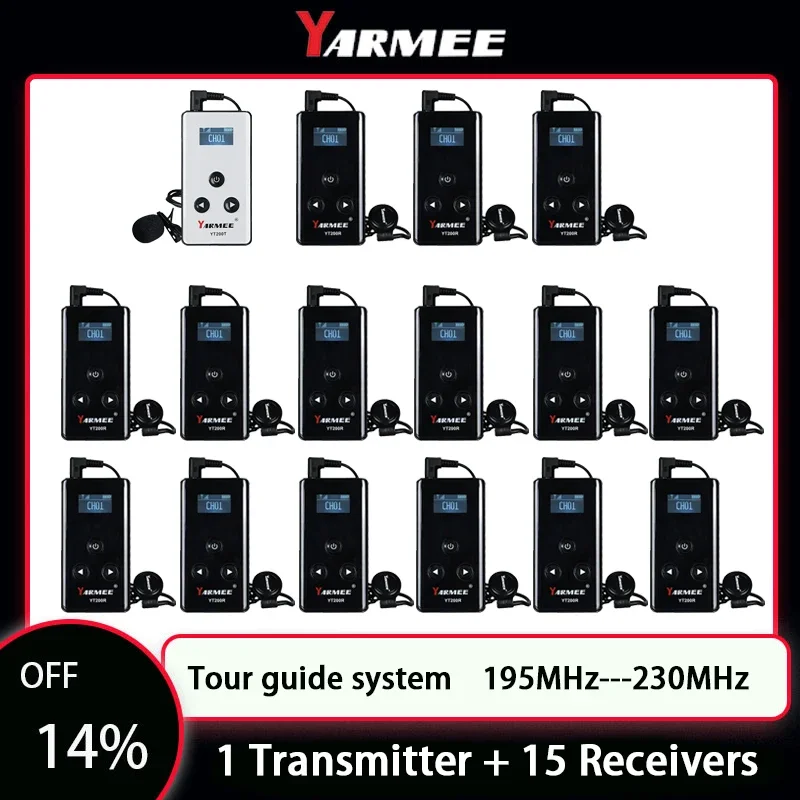 

YARMEE Wireless Whisper Tour Guide System 1 Audio Transmitter + 15 Receivers With Microphone Earphone For Travelling Umrah Hajj