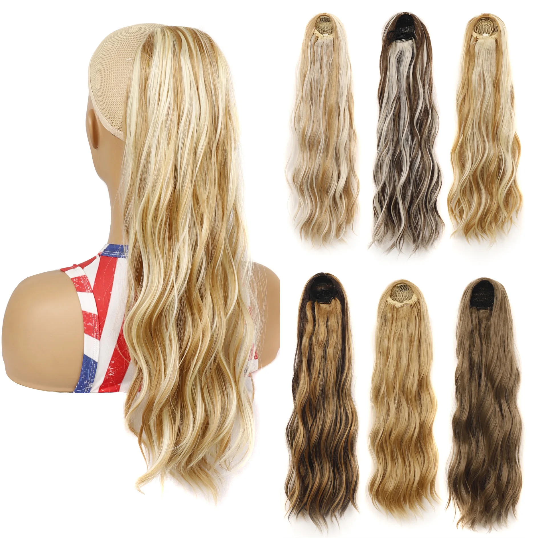 

Drawstring Net Synthetic Ombre Curly Hair Ponytail Extensions Claw in Fake Pony tail Tail Hairpiece Long Clip in Blonde Wavy Wig