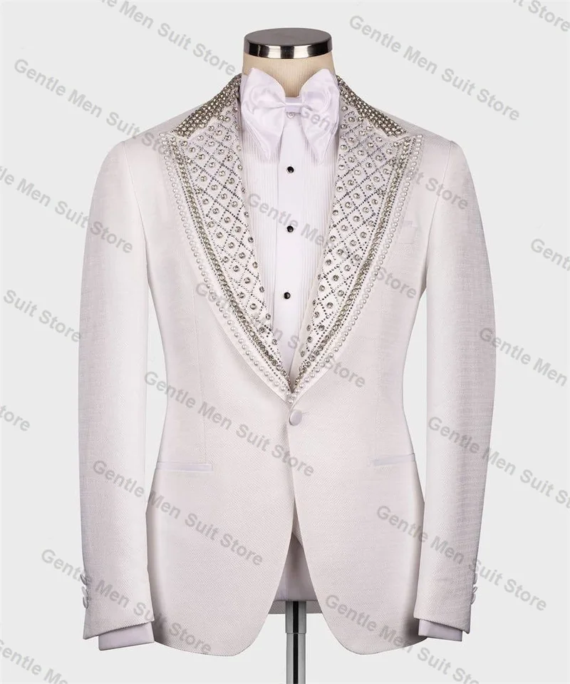 

Crystals White Men Suits Set 2 Piece Blazer+Black Pants Custom Made Jacket Luxury Red Carpet Prom Groom Wedding Tuxedo Coat