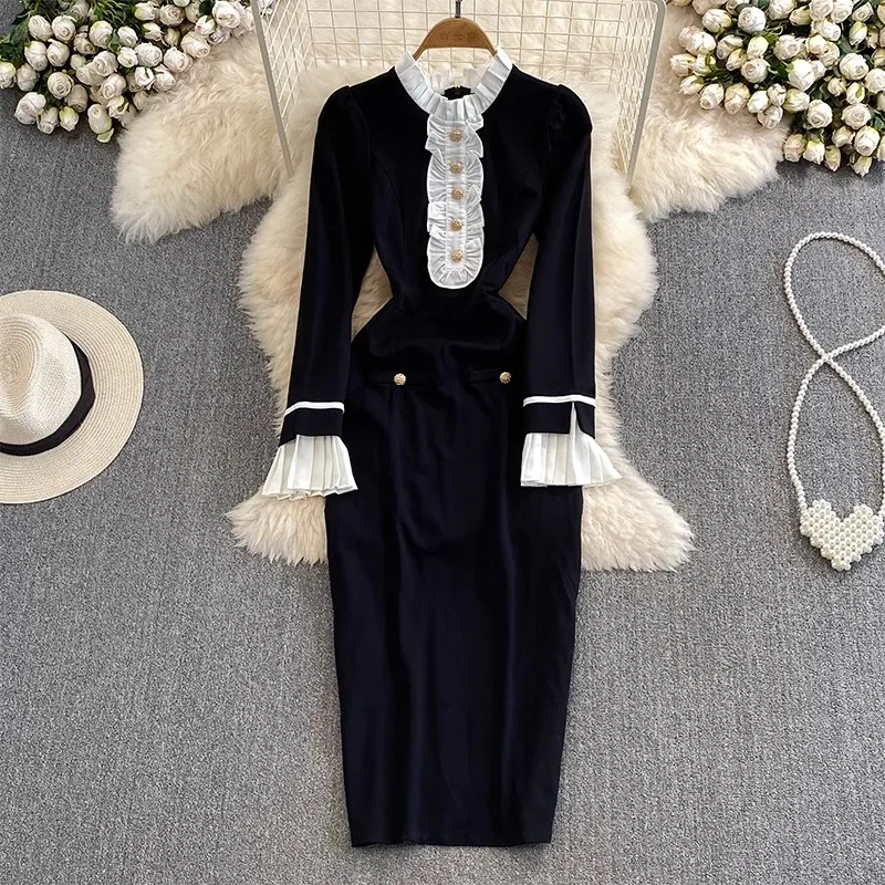 French Hepburn Wind Autumn Black White Hit Color Bodycon Dress Elegant New Women Ruffled Collar Petal Sleeve Pencil Midi Clothes
French Hepburn Wind Autumn Black White Hit Color Bodycon Dress Elegant New Women Ruffled Collar Petal Sleeve Pencil Midi Clothes