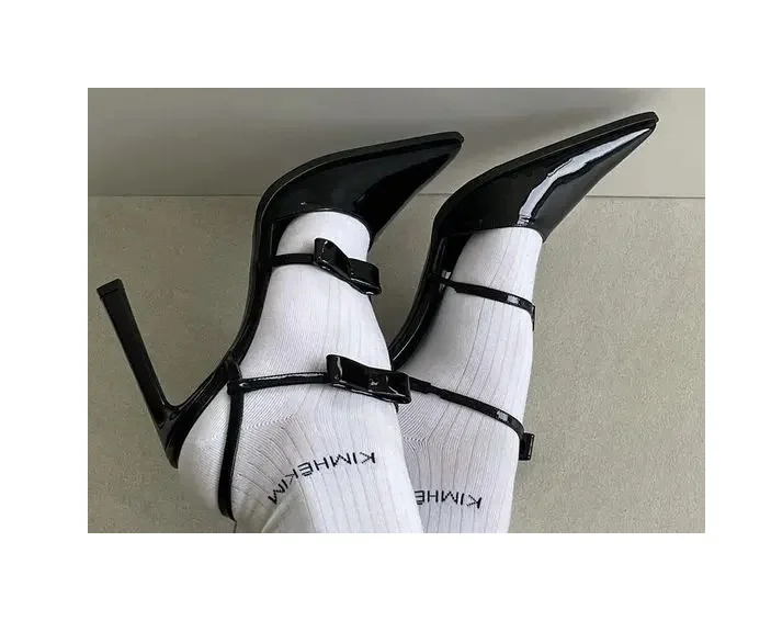 

Patent Leather Slingback Sexy Pointed Toe Sandals Party Black Lady Bowtie Stiletto High Heel Sandals 2024 Luxury Women Shoes