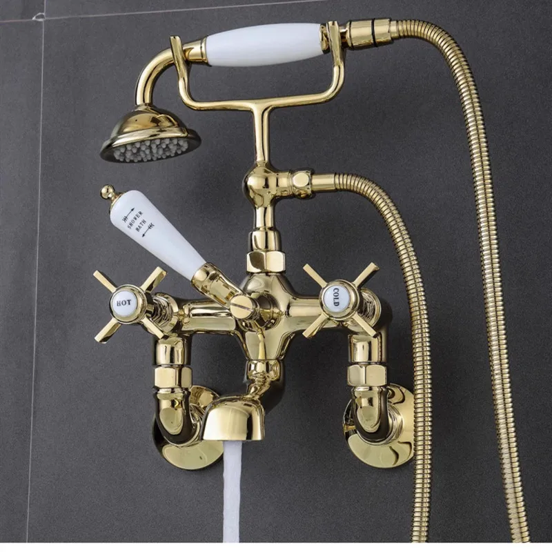 

Bathroom Bathtub Faucet Set Brass Wall Mounted American Style Classical Cross Handle Gold Chrome Finished Wall Mounted