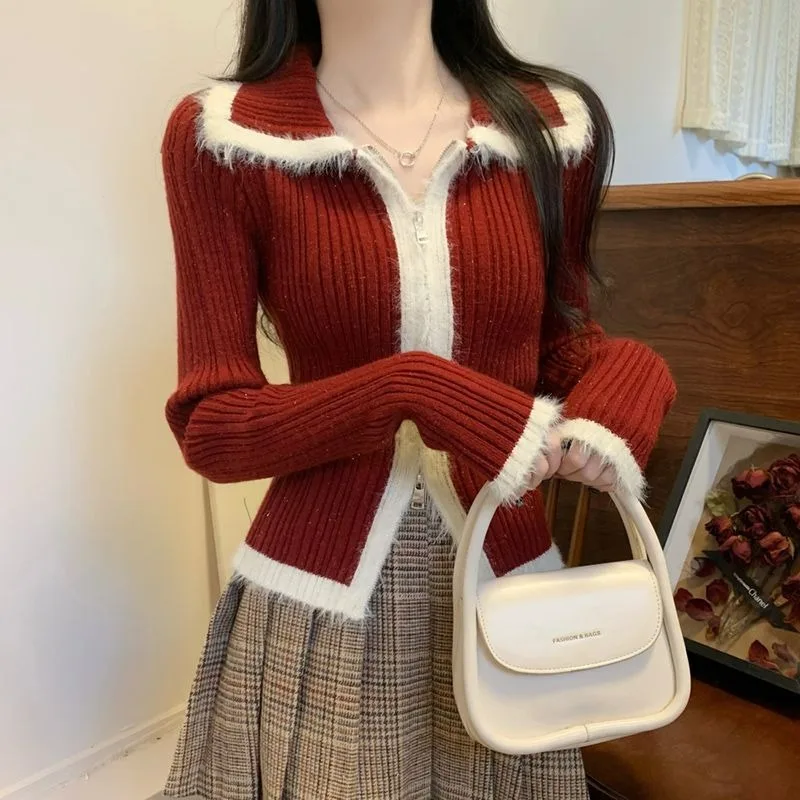Color Contrast Patchwork Furry Knitted Bottoming Shirt Women Autumn Winter Retro Lapel Slim Fit Sweater Coat Female Short Top
Color Contrast Patchwork Furry Knitted Bottoming Shirt Women Autumn Winter Retro Lapel Slim Fit Sweater Coat Female Short Top