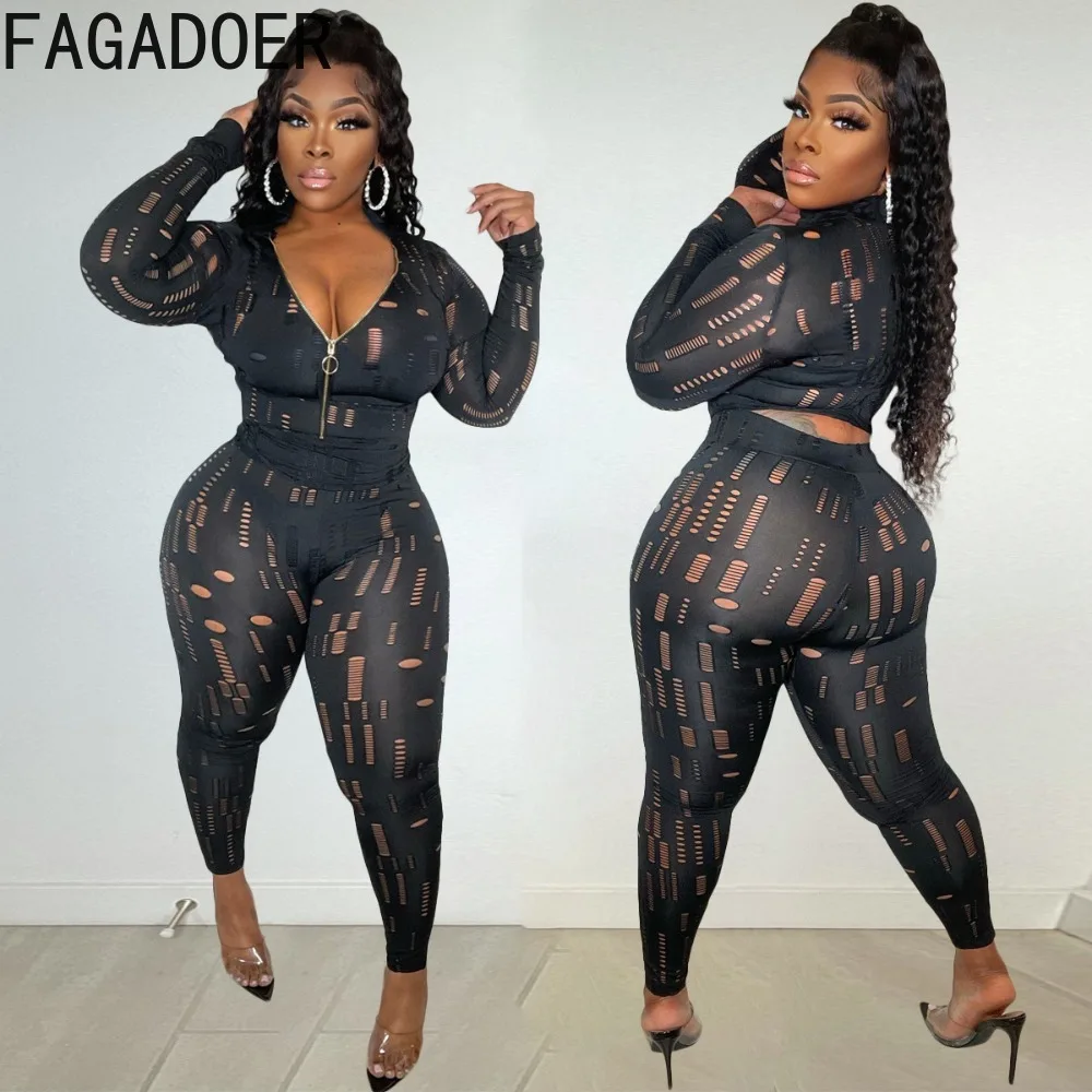 FAGADOER Black Sexy Hollow Hole Skinny Pants Two Piece Sets Women Zipper Long Sleeve Crop Top And Pants Outfits Female Clothing
FAGADOER Black Sexy Hollow Hole Skinny Pants Two Piece Sets Women Zipper Long Sleeve Crop Top And Pants Outfits Female Clothing