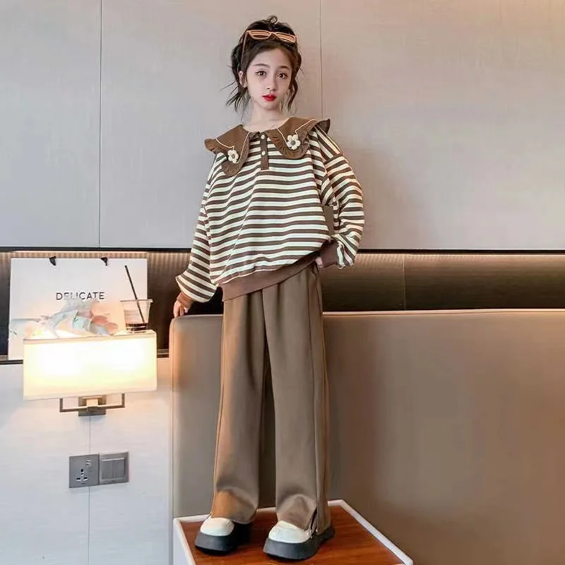 

2023 Korea Style Casual Kids Clothes Girl 2Pcs Set Clothing Long Sleeve Striped Top Pant Outfits for Teen Girl 6 8 10 12 14Y