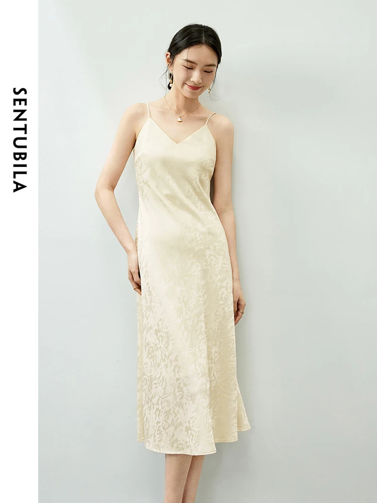 

SENTUBILA Jacquard V-neck Womens Camisole Dress 2024 Summer Apricot Chinese Style Elegant Sleeveless Midi Dresses 141L53483