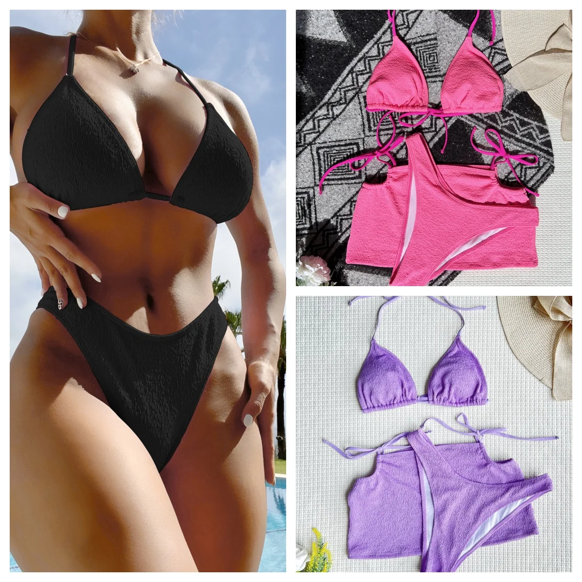 

3PCS Women'S Swimsuit Sexy Bikini Solid Beachwear Summer Bathing Suit Push Up Swimwear High Cut Thong Bikinis Sets