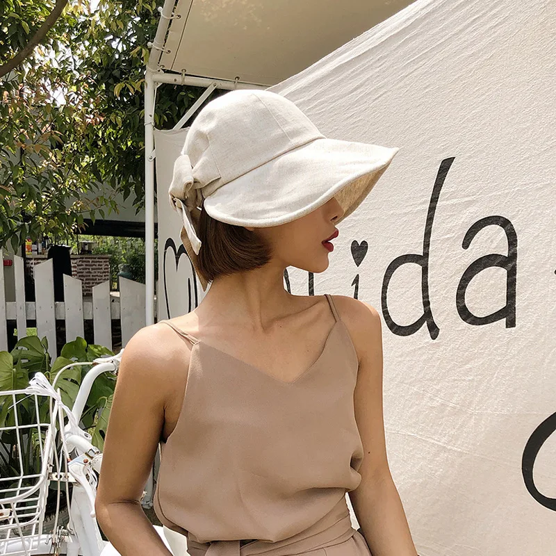 

Woman Cotton Summer Hemp Bucket Hat Sunscreen Cap Beach Outdoor Panama Bowknot Foldable Sun Hat Breathable Headwear