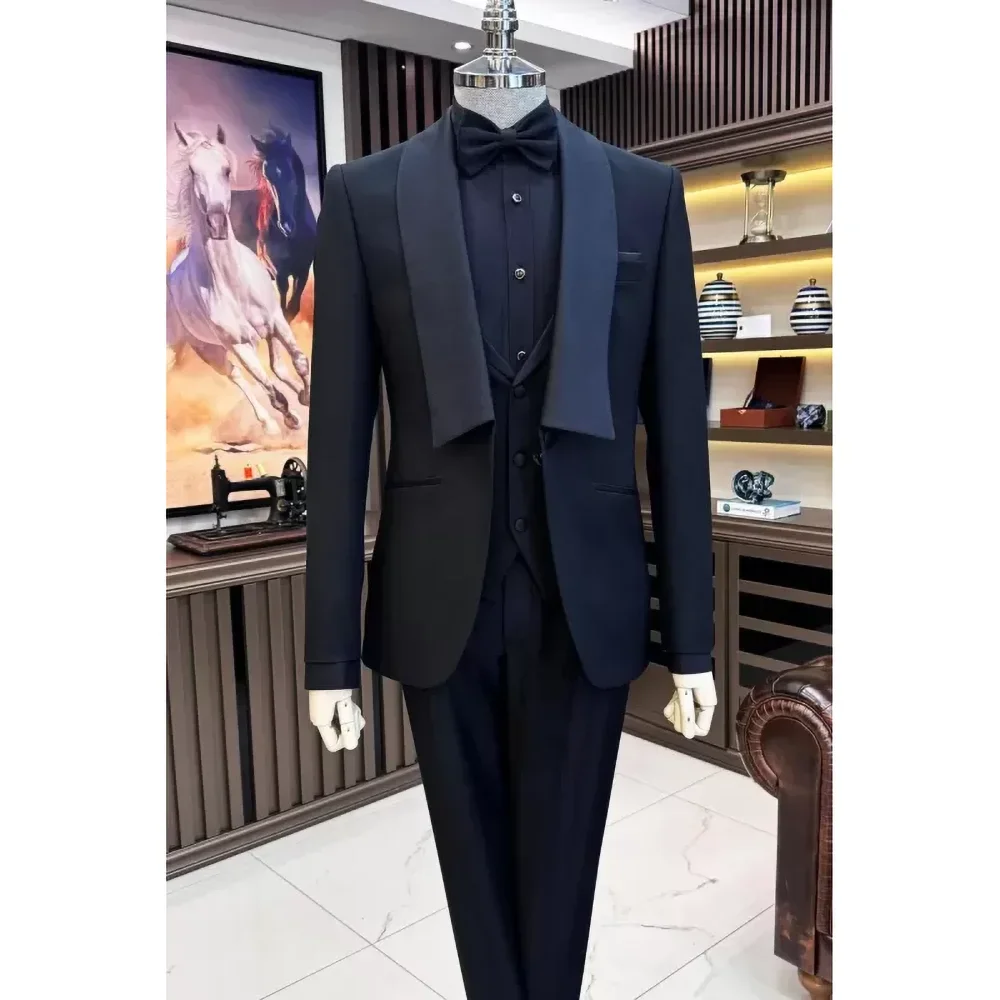 

Chic Shawl Lapel One Button Men Suits Black Banquet Dinner Party Suit 3 Piece Elegant Groom Wedding Tuxedo (Blazer+Vest+Pants)