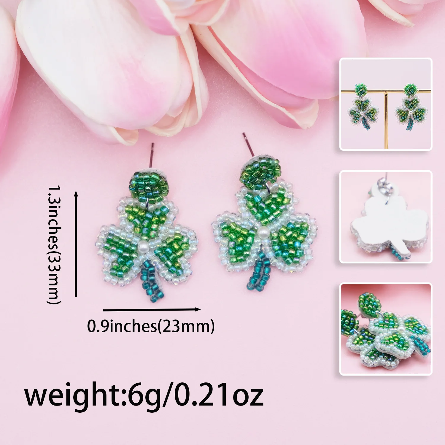 

Rice bead earrings Four-leaf clover Originality Green. Design Hand knitting Bohemia Alloy Fashion Simple Beaded earrings