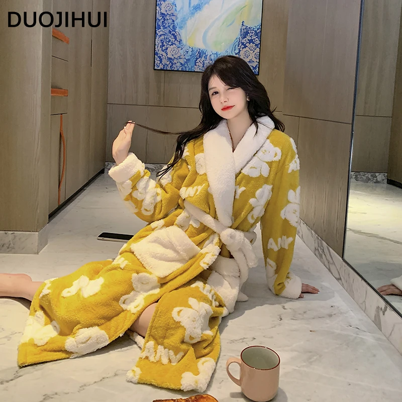 

DUOJIHUI Contrast Color Simple Winter New Female Nightgowns Fashion Sweet Chicly Thick Warm Long Sleeves Women's Flannel Pajamas