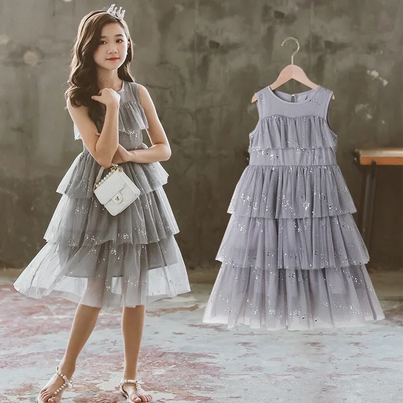 

Summer New Meteor Shower Bright Silver Princess Mesh Dress Korean Youth Girls Fashion Sequin Cake Dress 5-16T